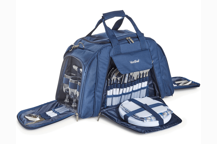 blue holdoll with lots of cultery and plates in pockets