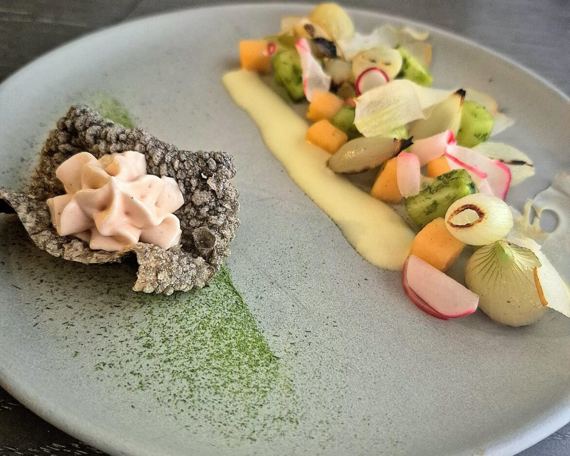 Smoked Salmon Mousse on a Salmon Skin Chicharrón Smoked Salmon Mousse on a Salmon Skin Chicharrón