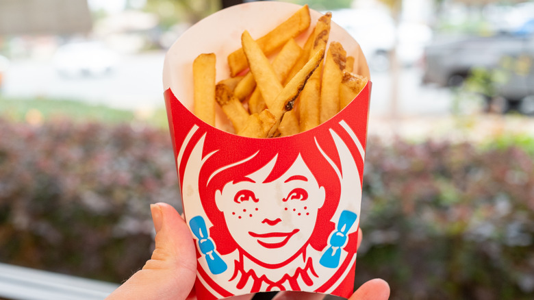 Hand holding a carton of Wendy's skin-on fries