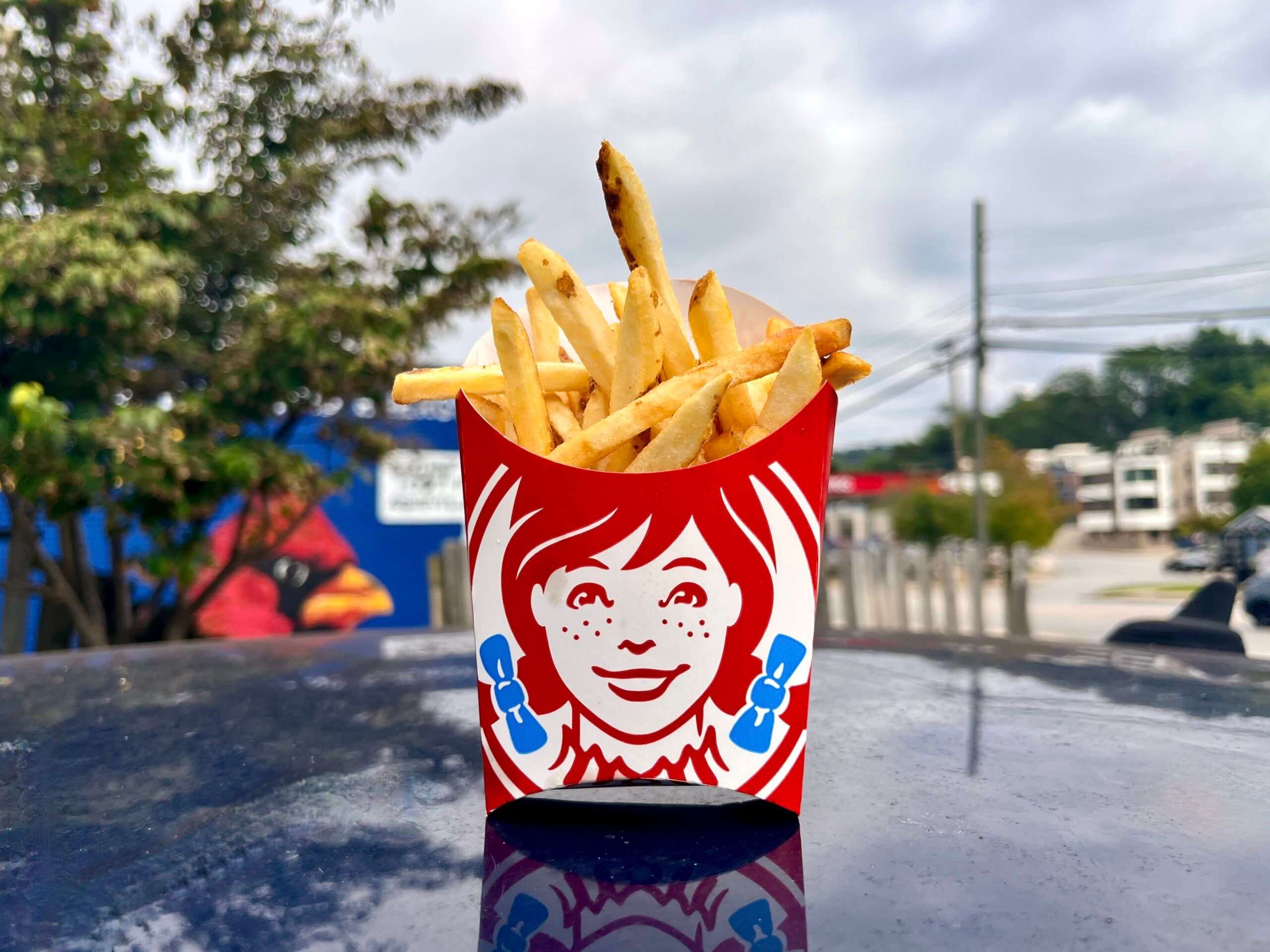 A red container of Wendy’s french fries sits on a car roof outdoors, with trees, power lines, and buildings in the blurred background under a cloudy sky.