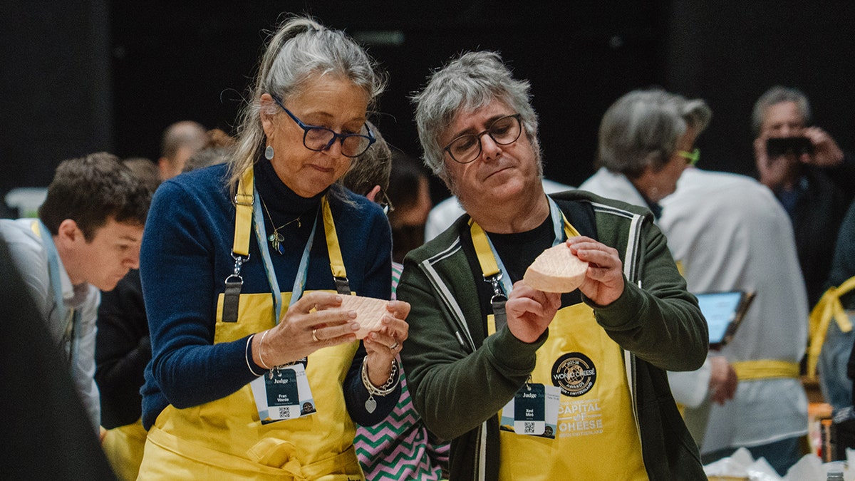 Two judges at the World Cheese awards inspect blocks of cheese.