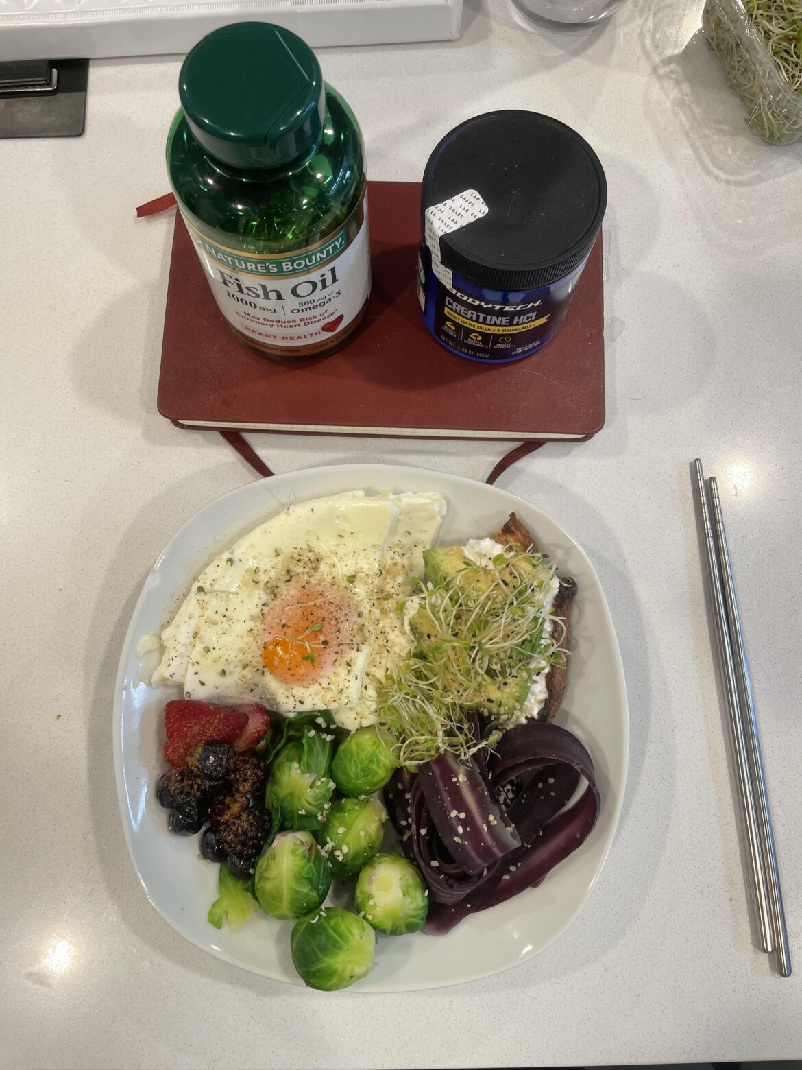 Breakfast with assorted things in fridge