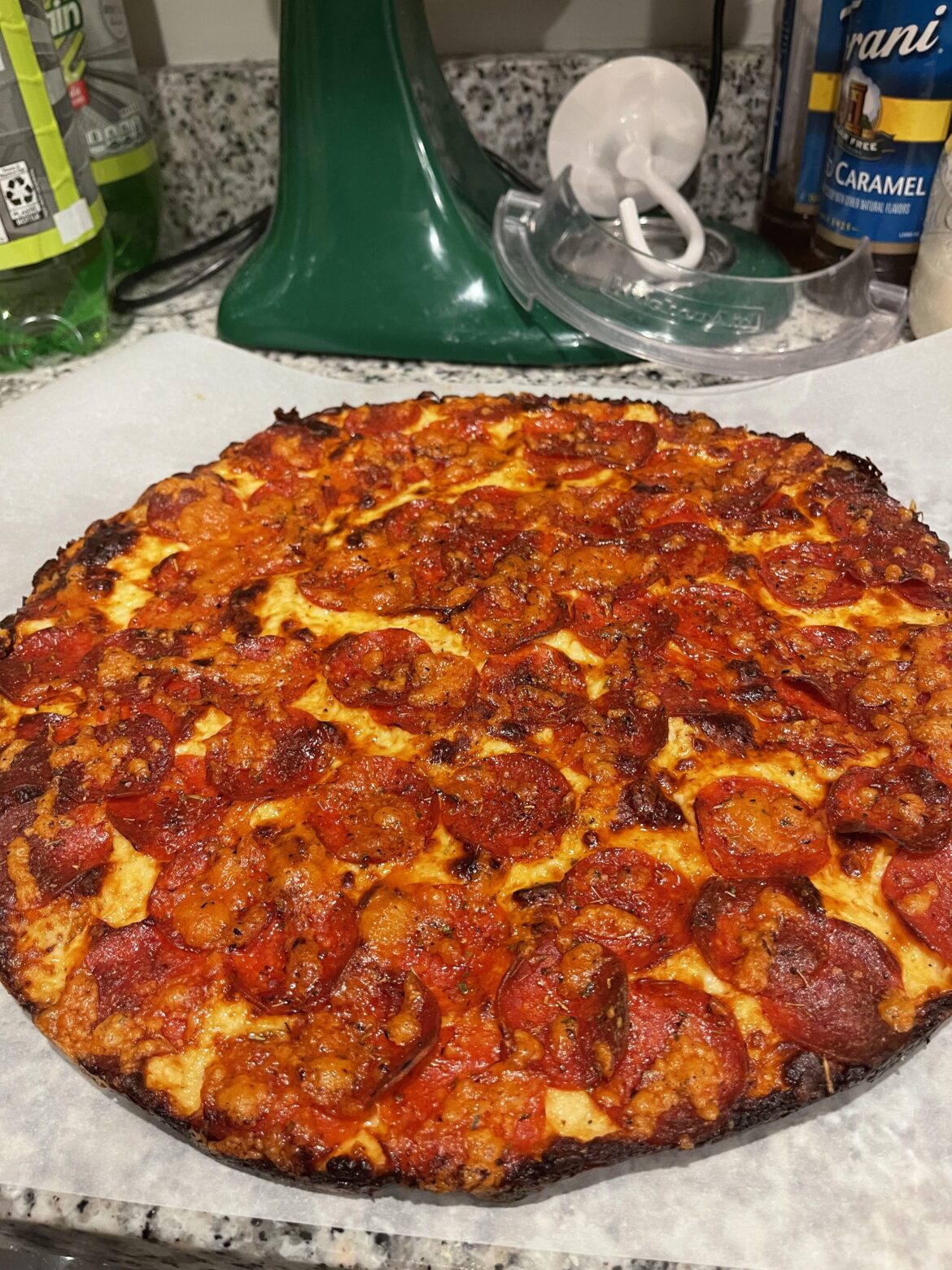 Homemade pepperoni pizza I made last night.