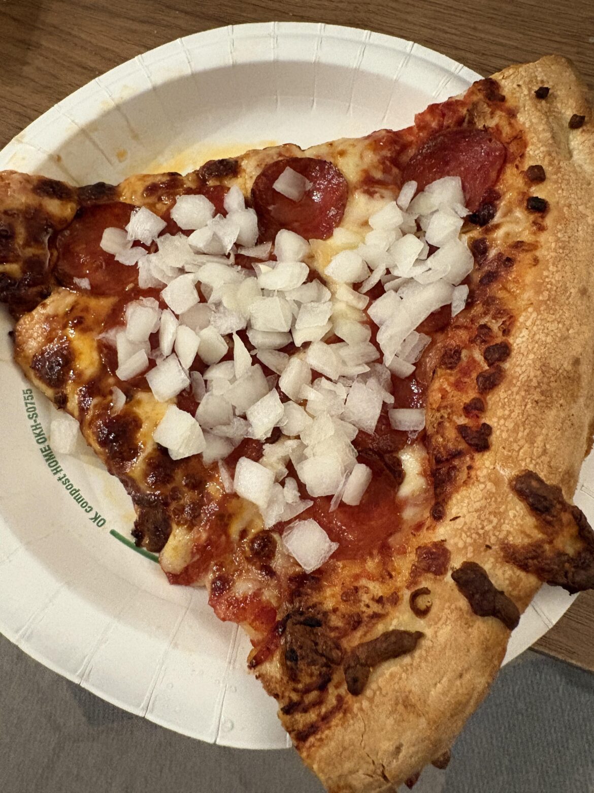 Costco pizza slice with some onions