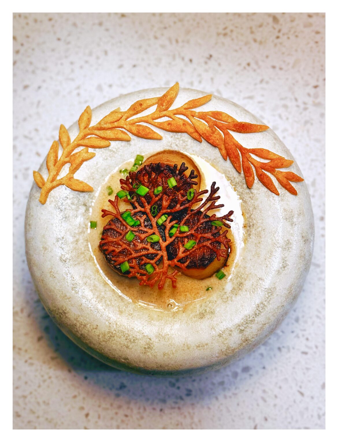 Fondant potato, Smoked Honey Tuile, Chives, Mushroom velouté.