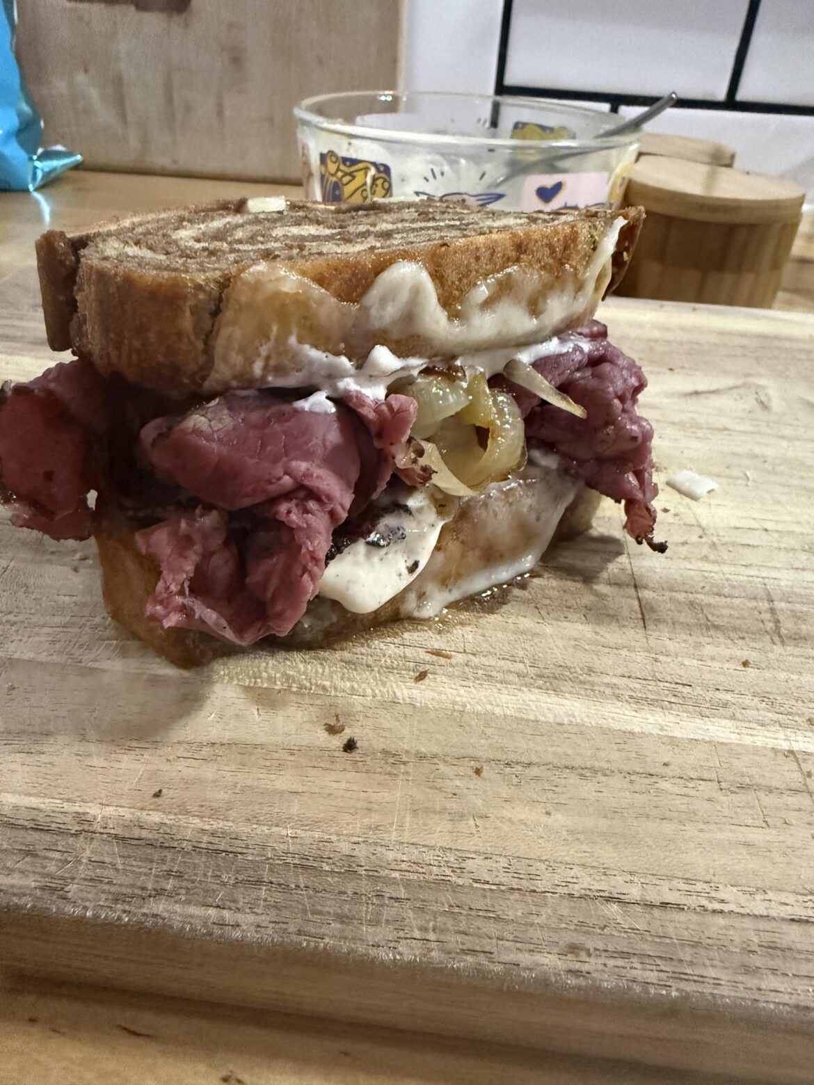 Pastrami, grilled onion, Swiss and horseradish