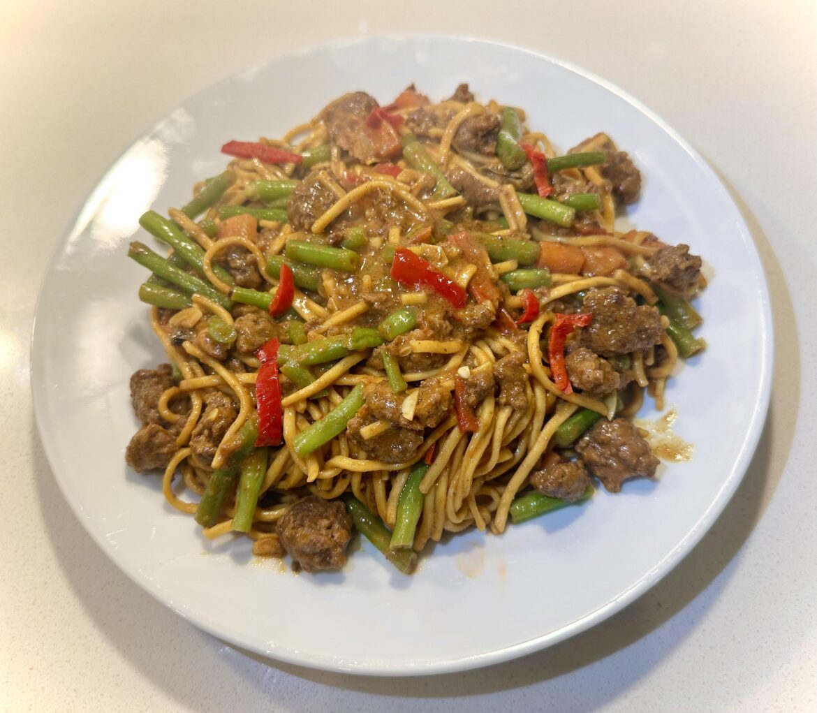Beef Thai yellow curry with noodles