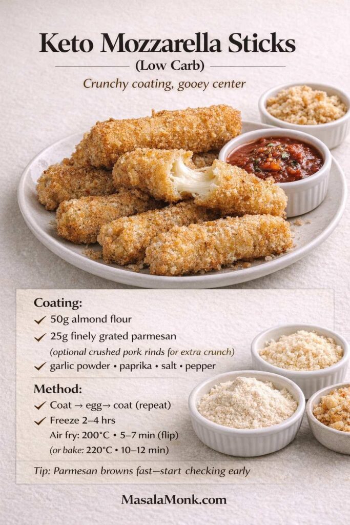 Keto Mozzarella Sticks (Air Fryer or Oven) — crunchy almond + parmesan coating, gooey pull