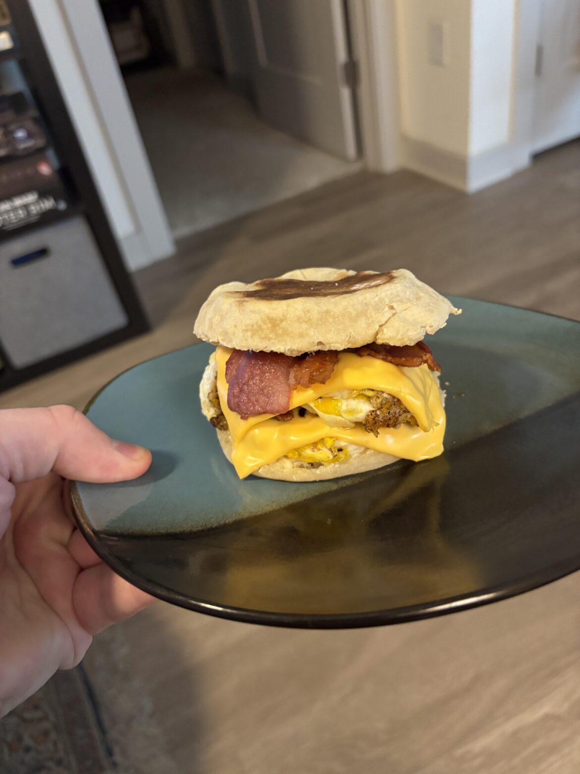 Bacon egg and cheese on an English muffin