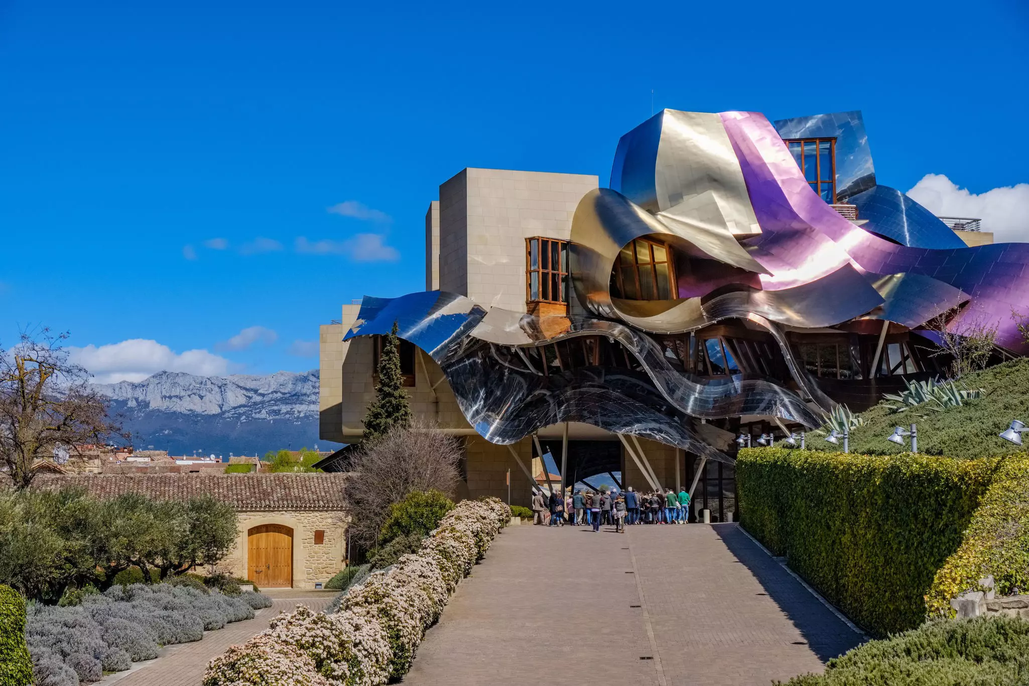 new building designed by the architect Frank O. Gehry, for the Hotel Marques de Riscal winery, with metallic undulating structures