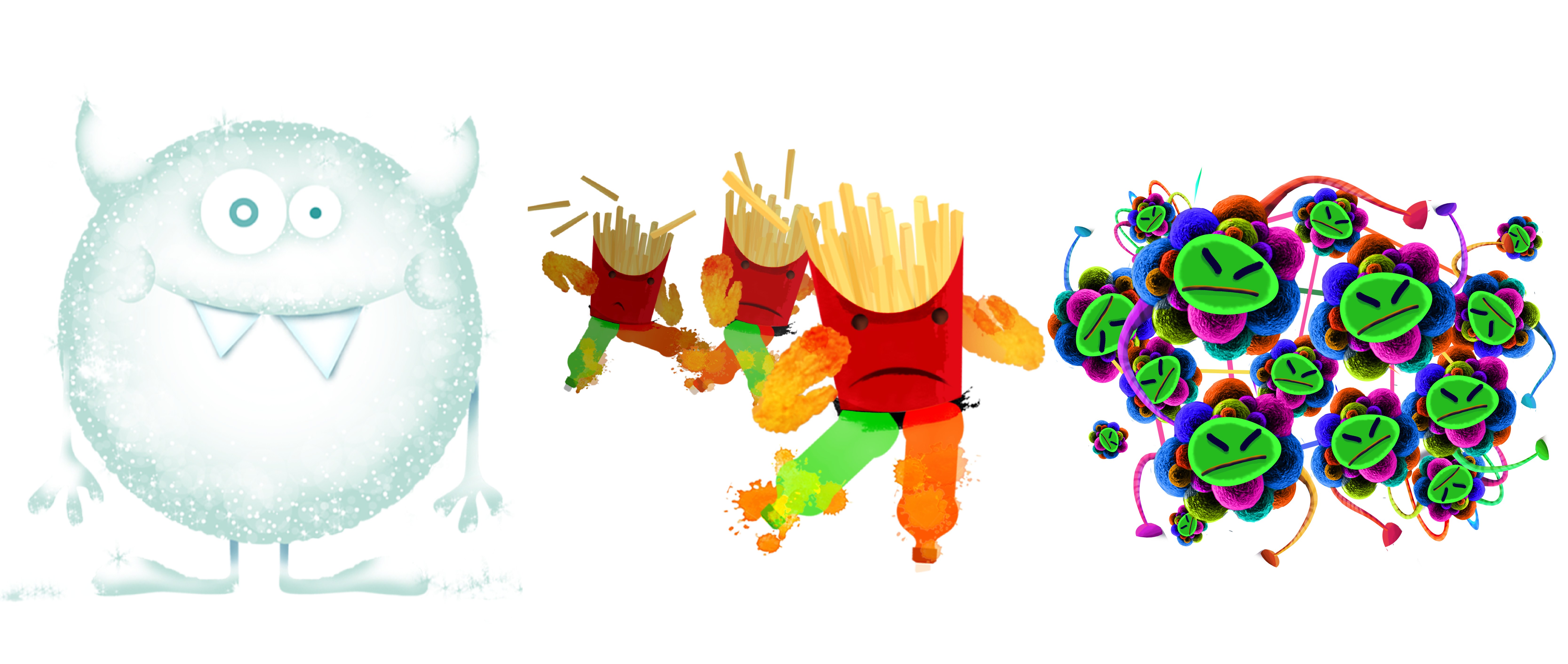 Collage of three illustrations: a white, furry monster, an angry french fries creature, and a group of colorful, flower-like microbes.