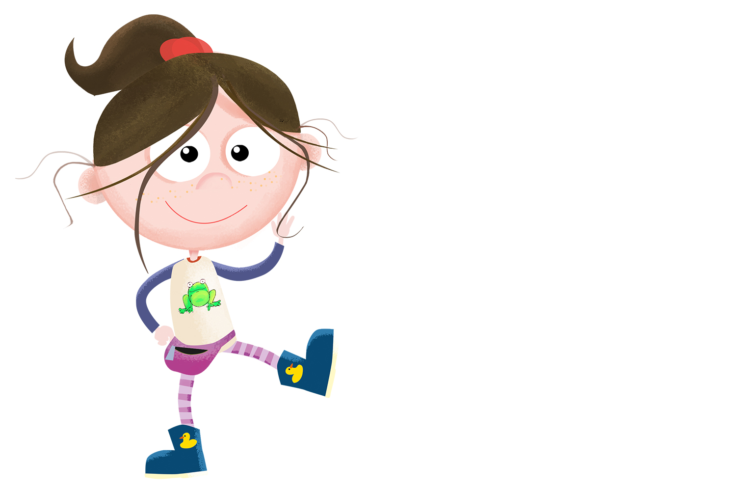 Illustration of a girl with a ponytail, wearing a frog t-shirt, striped pants, and rubber boots with yellow ducks, raising one leg and one arm.