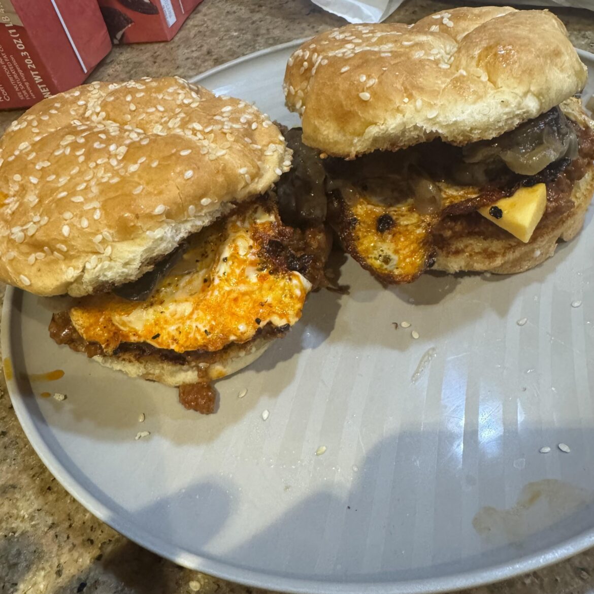 Sloppy joes with chili oil fried eggs