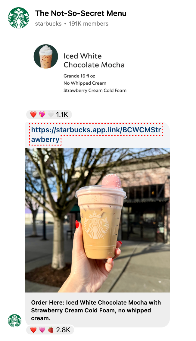 starbucks not so secret menu instagram channel- Iced White Chocolate Mocha with Strawberry Cream Cold Foam held in hand