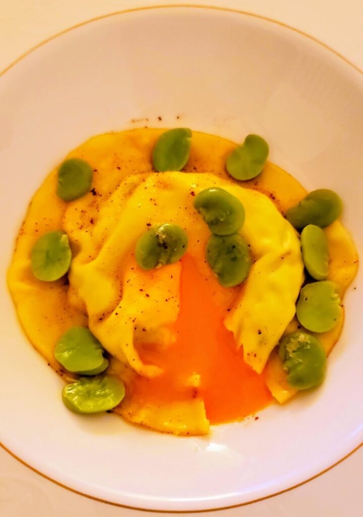 Raviolo with farm-fresh eggs and ricotta