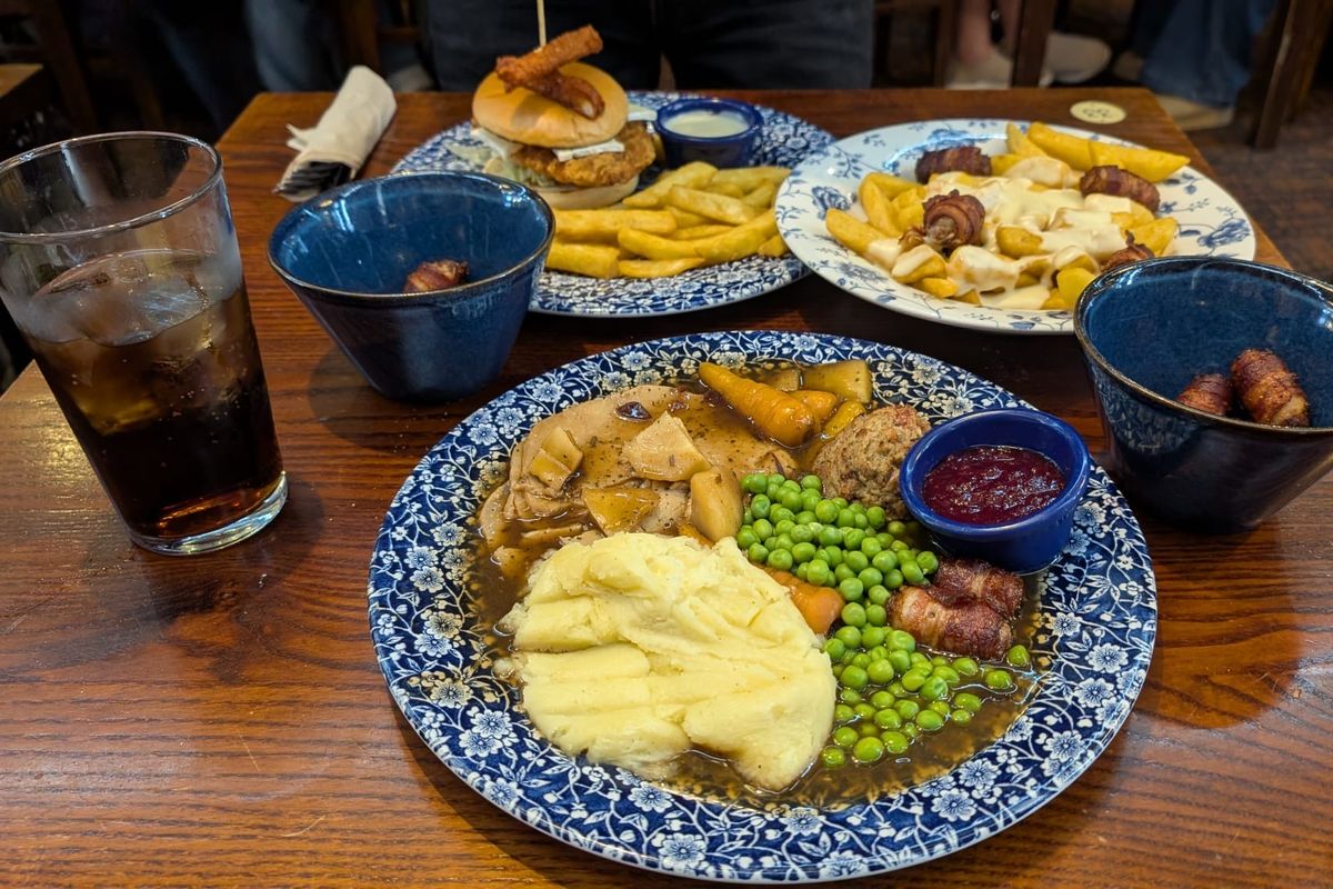 The Wetherspoons Christmas dinner along with festive loaded fries and the big cheese burger