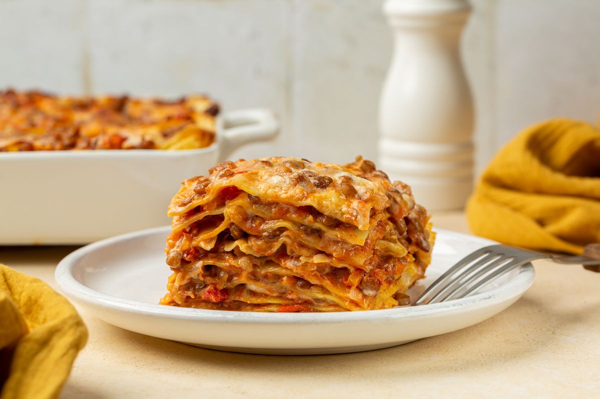 Close up of  slice of homemade Red Lentil Lasagne. 
