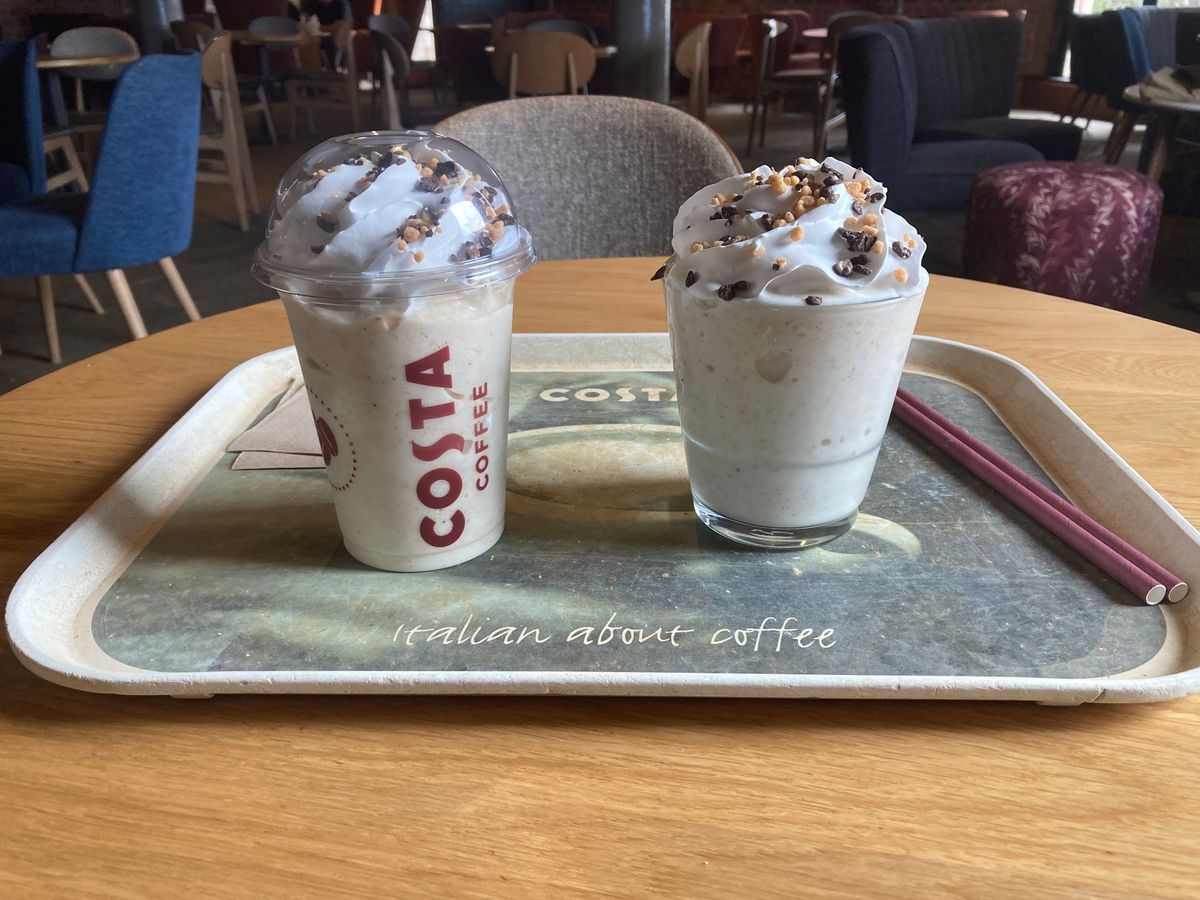 A to-go version and a sit-in version of Costa's new Cookie Dough Frappe