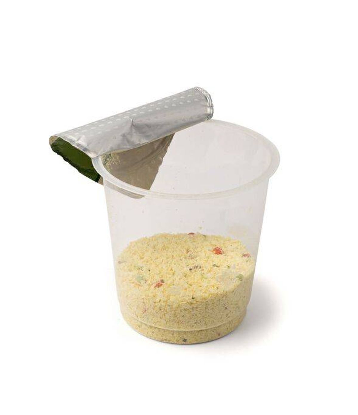 Instant Mashed Potato Powder Isolated, Potato Puree Flakes in a Plastic Cup, White Vegetable Flour