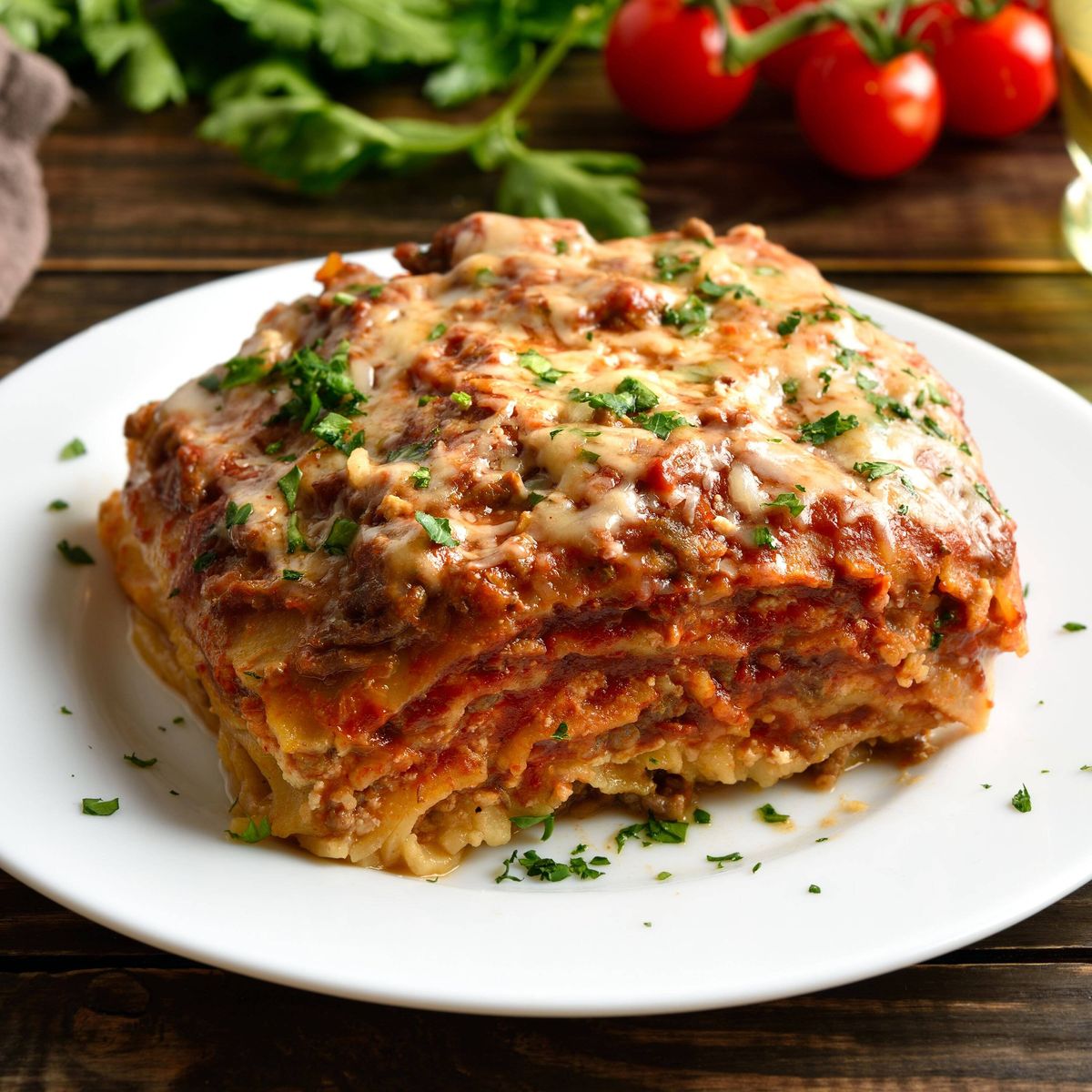 Lasagna with ground beef, ricotta cheese and tomato sauce
