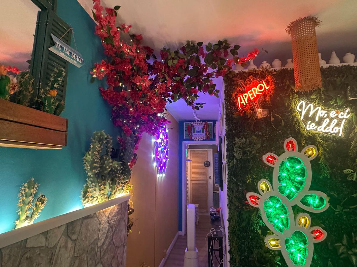 Bougainvillea bushes, cacti and neon-lit features inside Mò Mò 