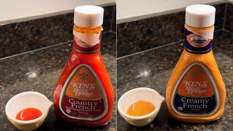 Two bottles of Ken's Steak House French dressings on counter, each next to a small white dish containing dressing