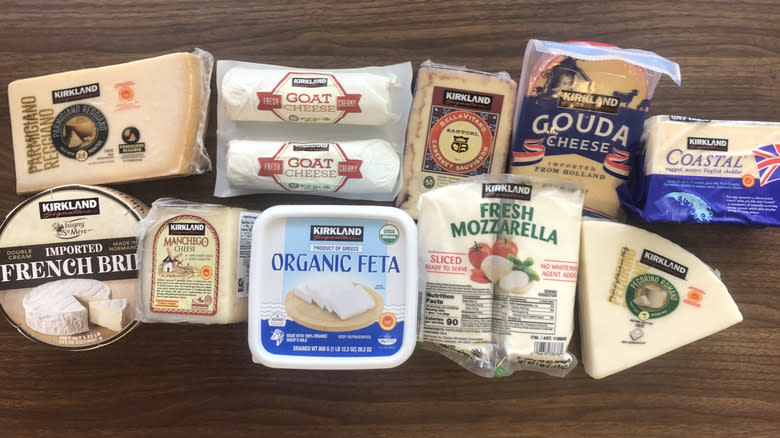 10 different Kirkland Signature cheeses laid out.