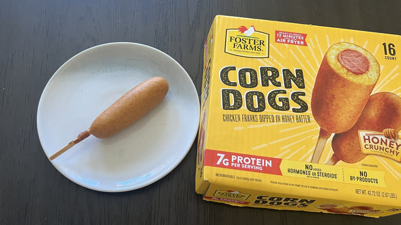 Foster Farms corn dog on a plate.