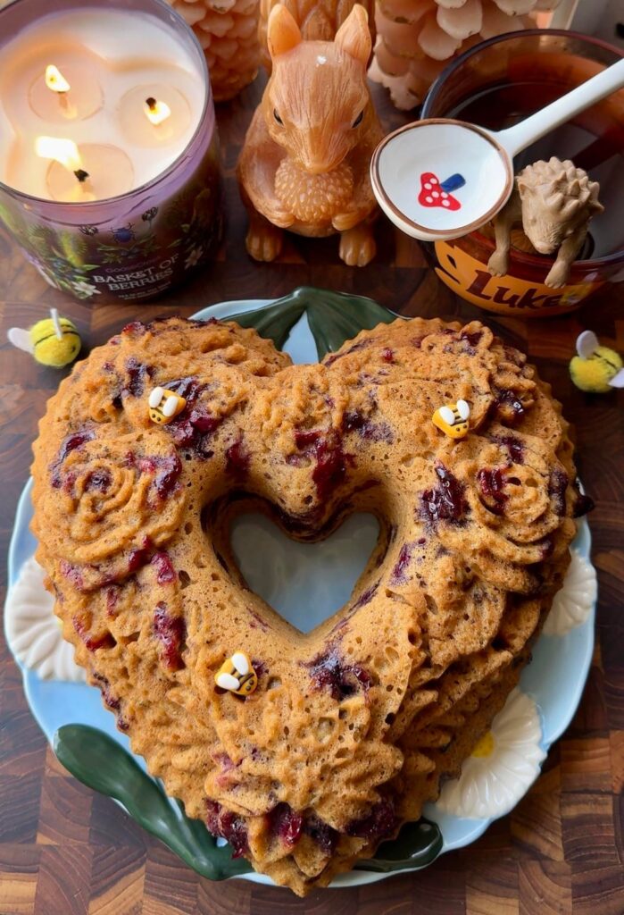 Been wanting this heart Bundt pan for ages. Finally caught it on clearance and had a gift card so it was meant to be. Decided to break it in with an earl grey blueberry muffin bread