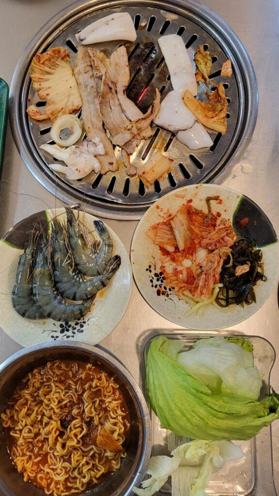 For today's breakfast, I ate Korean BBQ, Ramyeon, and Seafood.