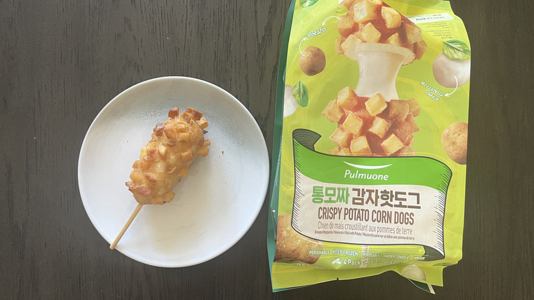 Pulmuone crispy potato corn dog on a plate.