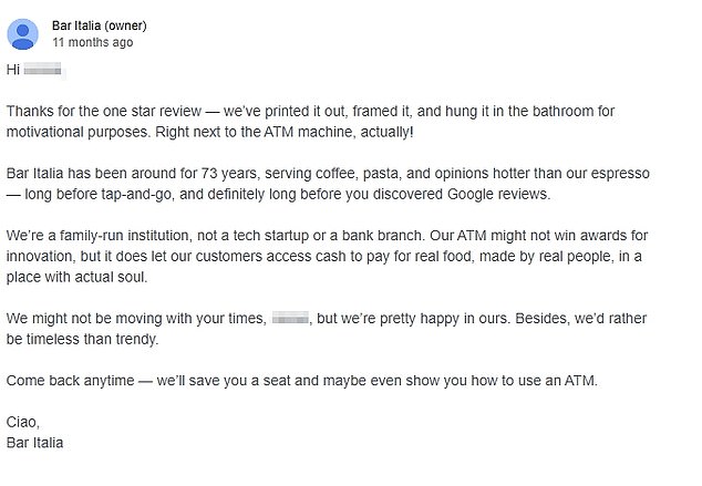 The restaurant owner has not shied away from addressing online review criticism of their 'cash only' policy