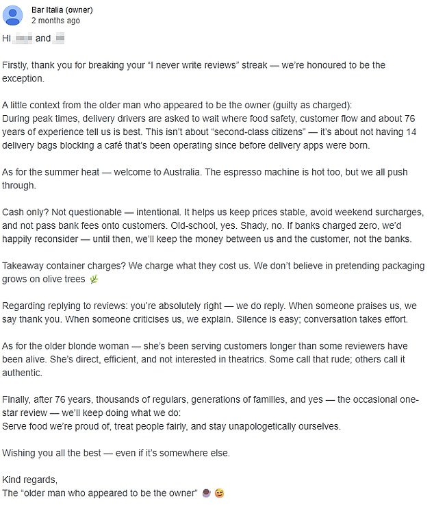 Bar Italia's co-owner Con Damoura told Daily Mail that he has embraced clapping back at customer Google reviews if he finds them to be unfair or unfounded. This is one of several replies he's issued