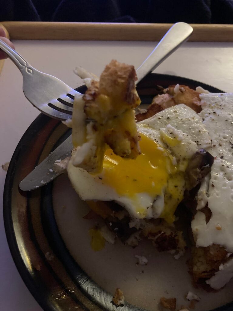 The photos do not do justice to this bootleg croque double madame with mushrooms