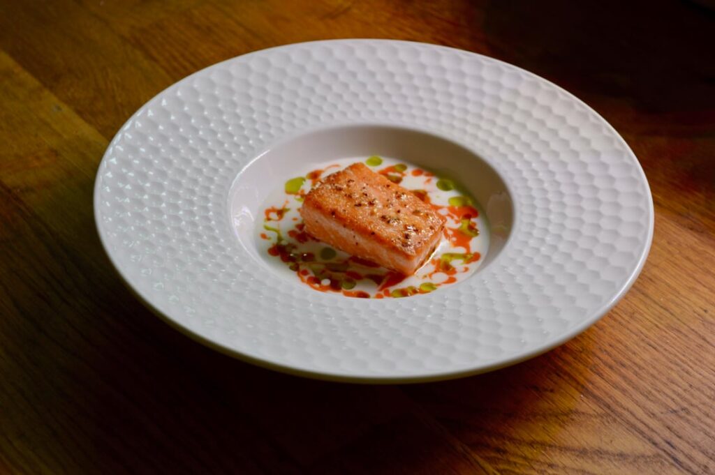 Steelhead Trout, Coconut & Cauliflower, Red Pepper, Barbecued Cucumber