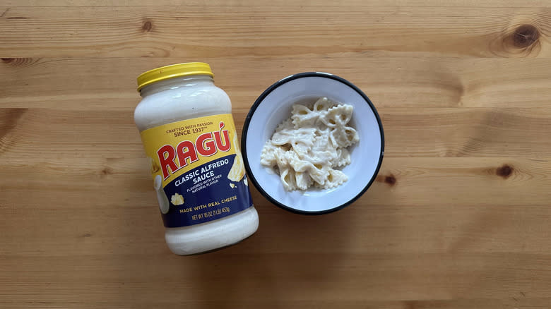 Classic Alfredo Sauce with pasta in white bowl