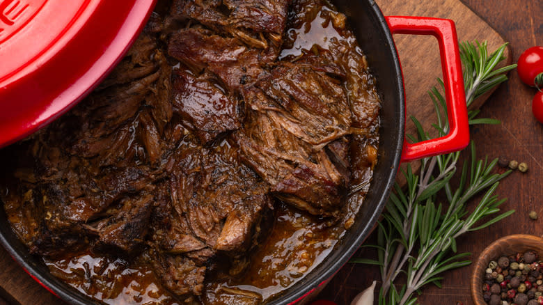 Braised beef in a Dutch oven pot