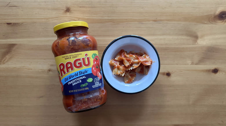 Old World Style Traditional Sauce with pasta in white bowl