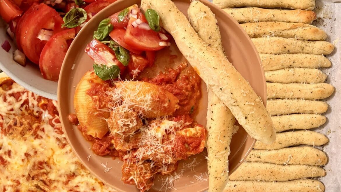 Cheesy Italian Sausage Stuffed Shells Recipe + Homemade Garlic Parmesan Breadsticks