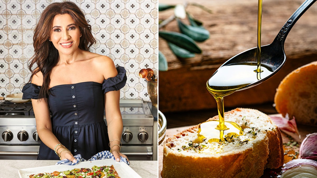 Mediterranean chef and author Suzy Karadsheh at left smiling in kitchen with tray of food in front of her; at right, olive oil being poured on bread with olive branches, spices and onion around.