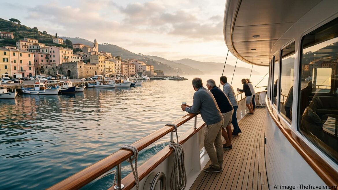 Small luxury cruise yacht at sunrise approaching a Mediterranean hillside port town.