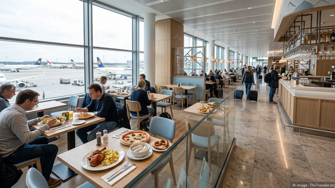 Travelers dining at modern Bavarian and Italian restaurants in Munich Airport’s new Terminal 1 pier.