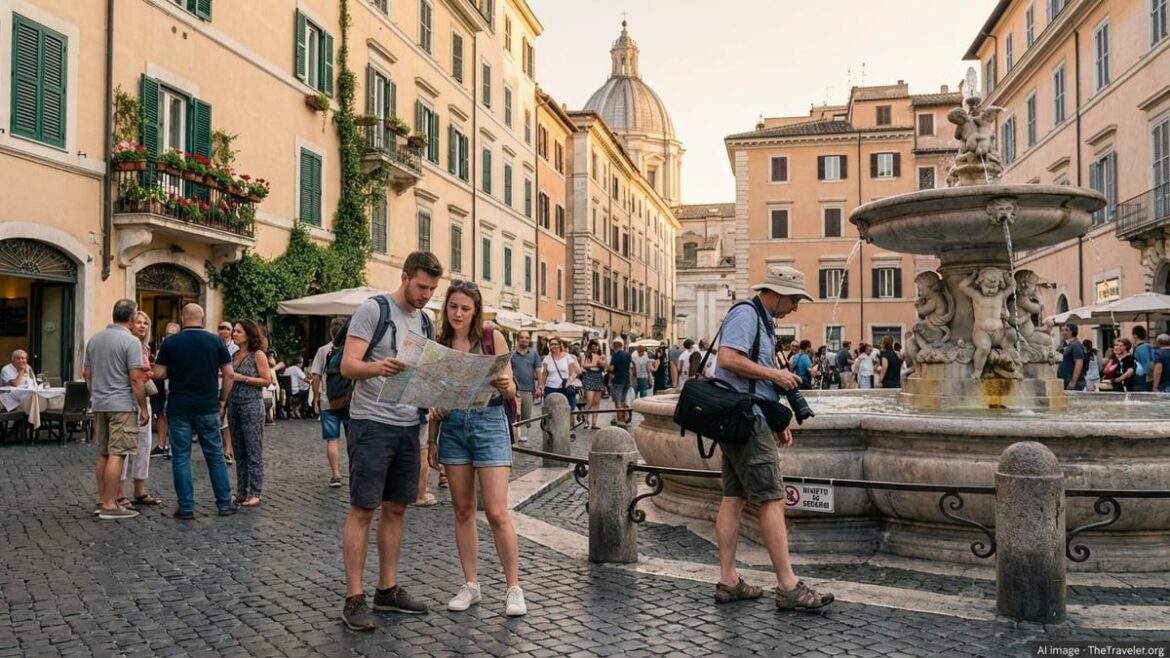 Tourists navigate a busy Italian piazza near a historic fountain on a sunny afternoon.