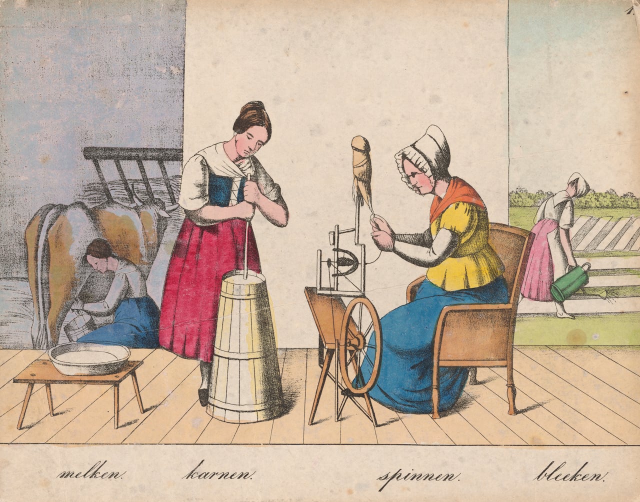 An illustration showing examples of a woman milking a cow, churning milk, spinning thread, and using a watering can 