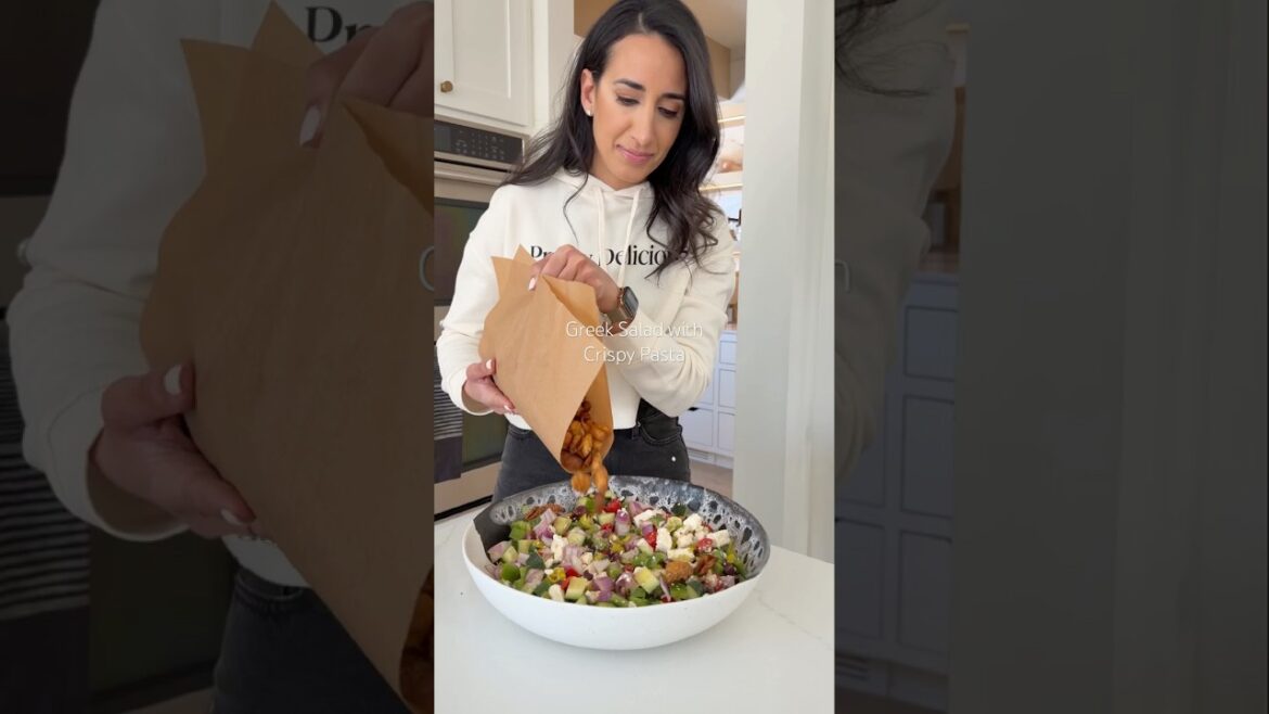 Greek Salad with Crispy Pasta #fooddolls #pastasalad #greek