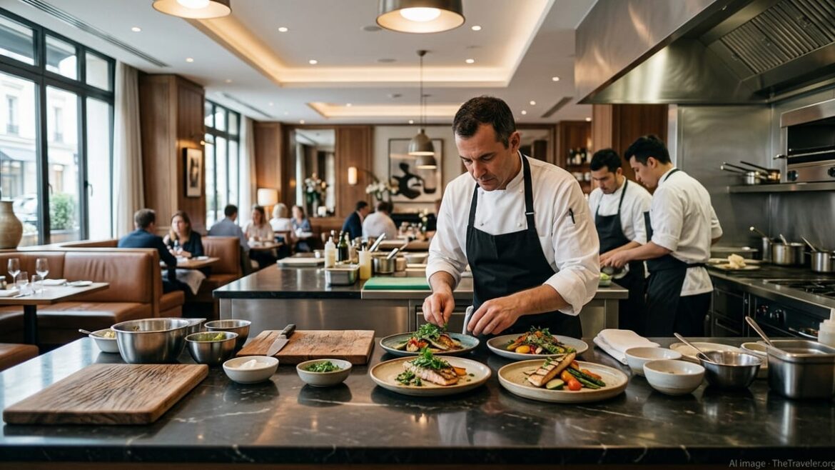 Group Executive Chef Adam Bentalha plating dishes in a bright Evok Collection hotel restaurant.