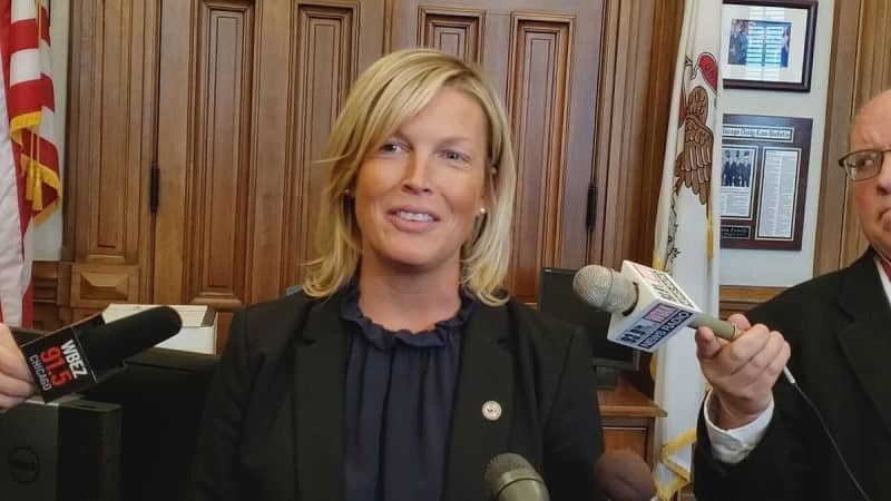 State Rep. Tony McCombie, R-Savanna, talks with media after being elected Illinois House Minority Leader. Photo: Greg Bishop / The Center Square