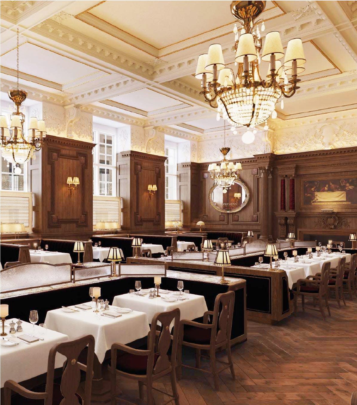 Elegant dining area with tables and chandeliers.