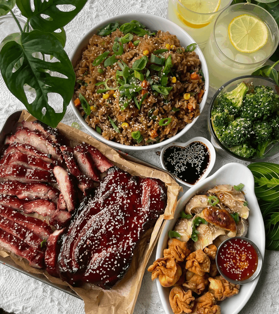 Having the in-laws over for dinner so I made char siu, fried rice, gyozas, broccoli, and cream cheese wontons.