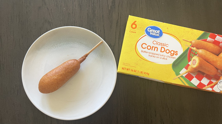 Walmart Great Value classic corn dog on a plate.